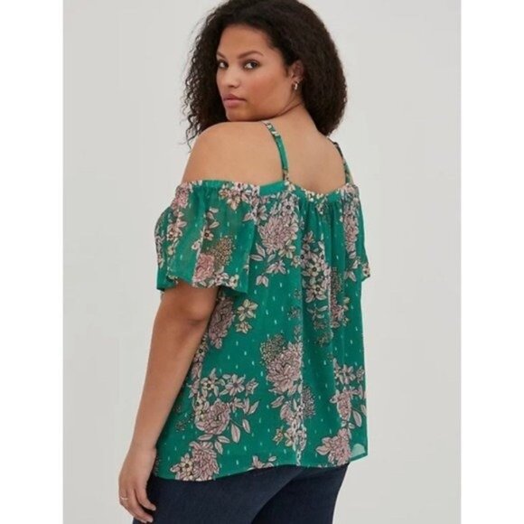 Torrid Cold Shoulder Chiffon Green Floral Halter Blouse - Picture 8 of 8